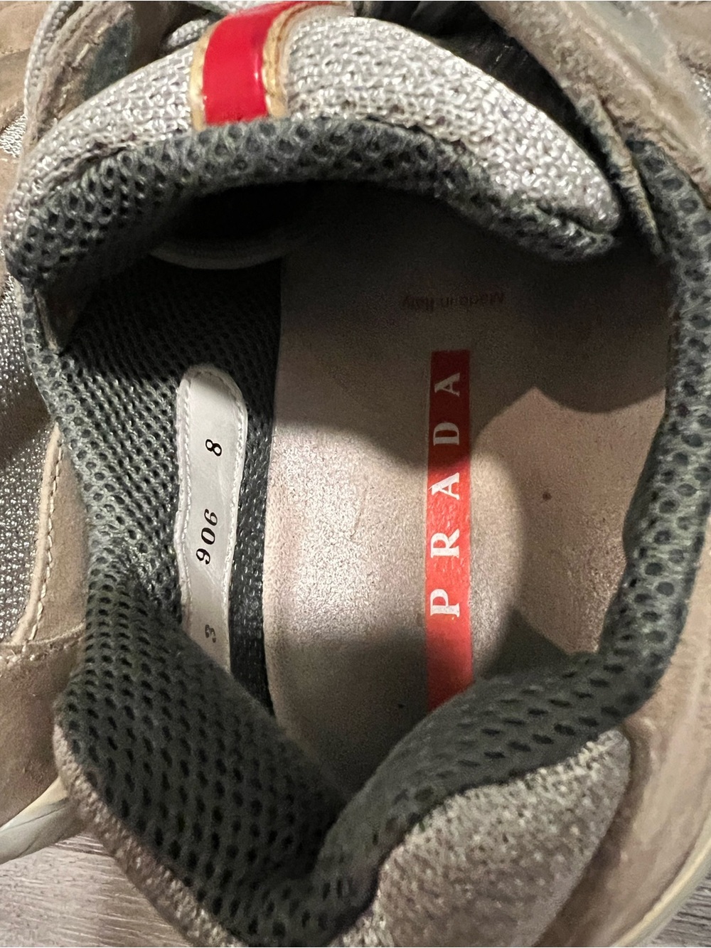 Prada Men’s Beige Suede and Gray Mesh Sneakers with Red Logo Tape - Picture 2 of 5